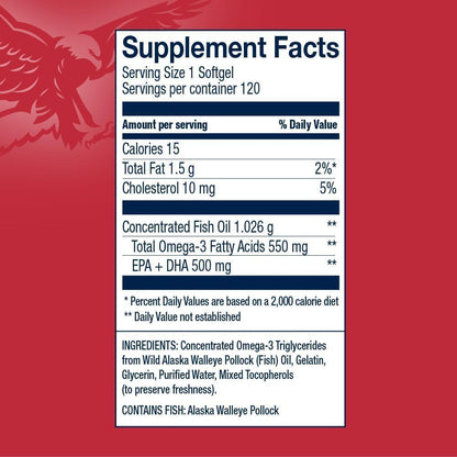 AmerOmega Triglyceride Omega-3 Fish Oil – Heart Health Support, Wild-Caught Alaskan Walleye Pollock, 120 Softgels
