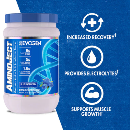 Evogen AminoJect - Premium BCAA Powder & EAA Recovery Formula with Electrolytes | Amino Acids Supplement for Muscle Growth, Hydration, & Recovery | Blue Raspberry | 30 Servings