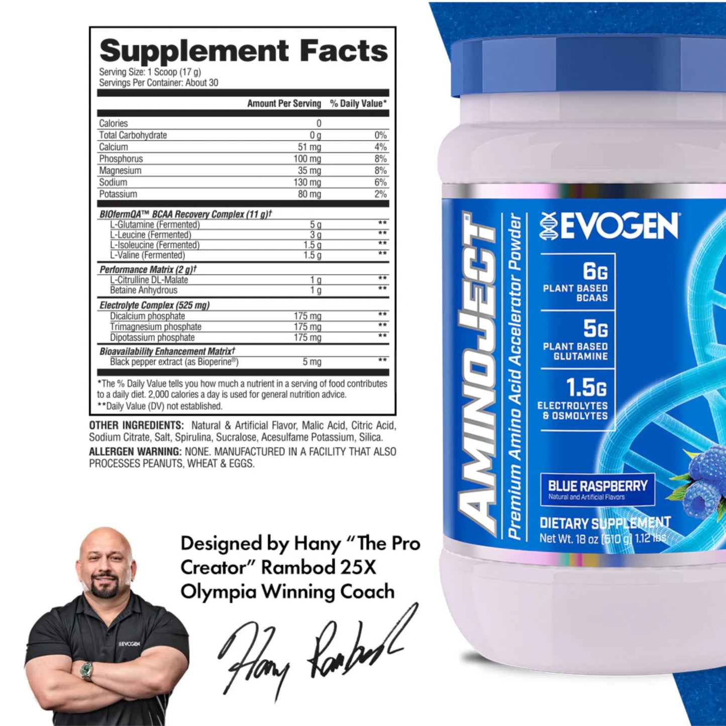 Evogen AminoJect - Premium BCAA Powder & EAA Recovery Formula with Electrolytes | Amino Acids Supplement for Muscle Growth, Hydration, & Recovery | Blue Raspberry | 30 Servings