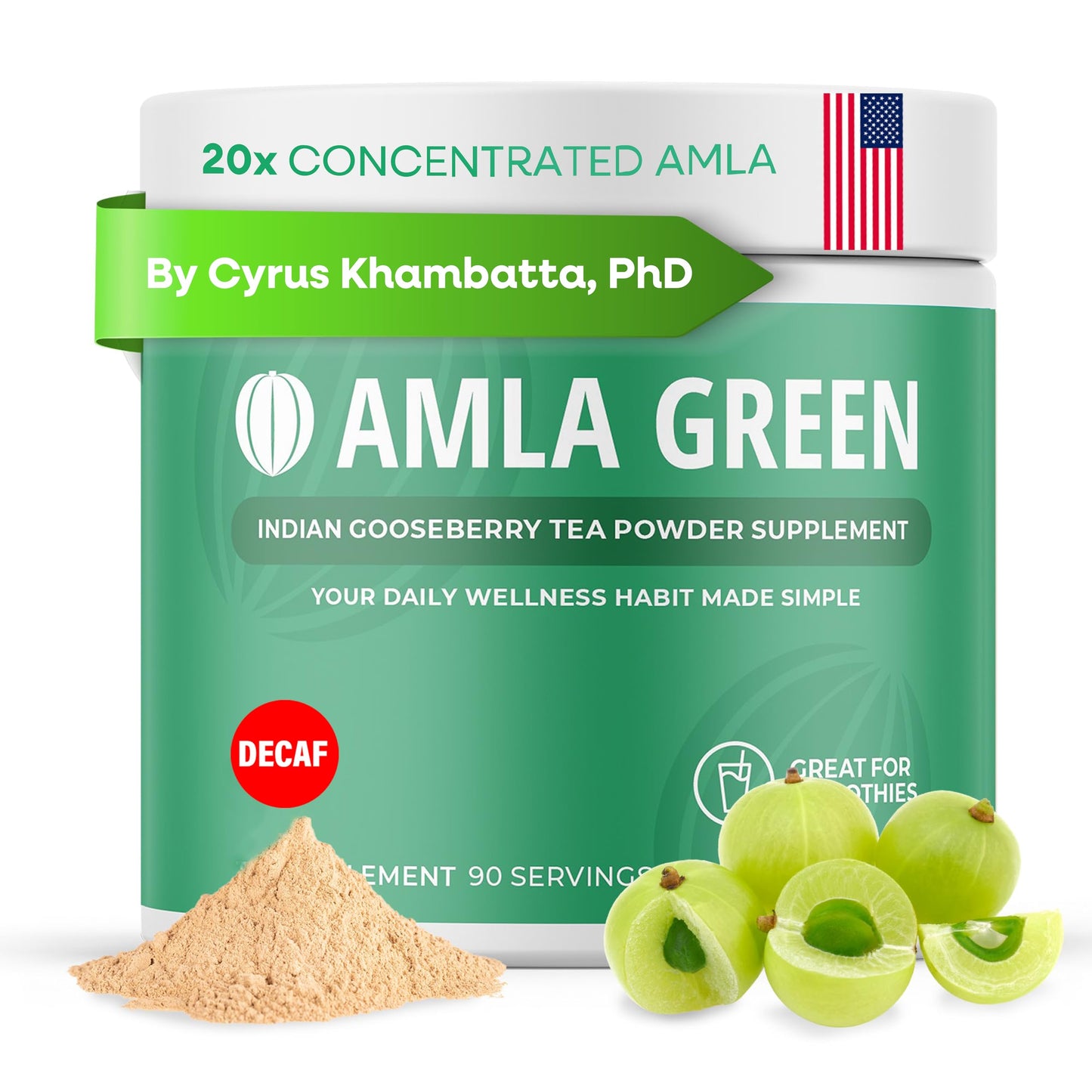 Amla Green: 20x Concentrated Amla Powder + Decaf Green Tea | Organic, Vegan, 90 Servings
