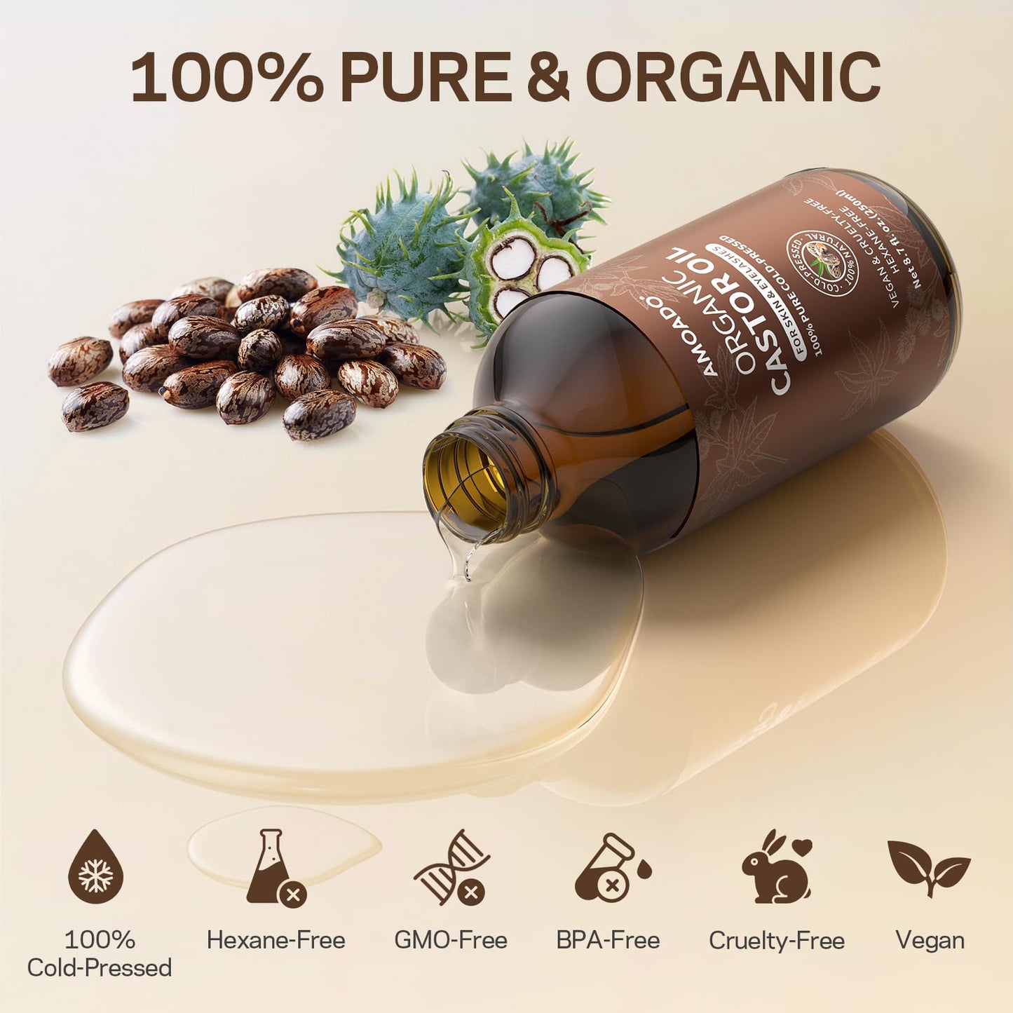 AMOADO Organic Castor Oil Pack Wrap Kit – Cold-Pressed Castor Oil (8.7 fl oz) in Amber Glass