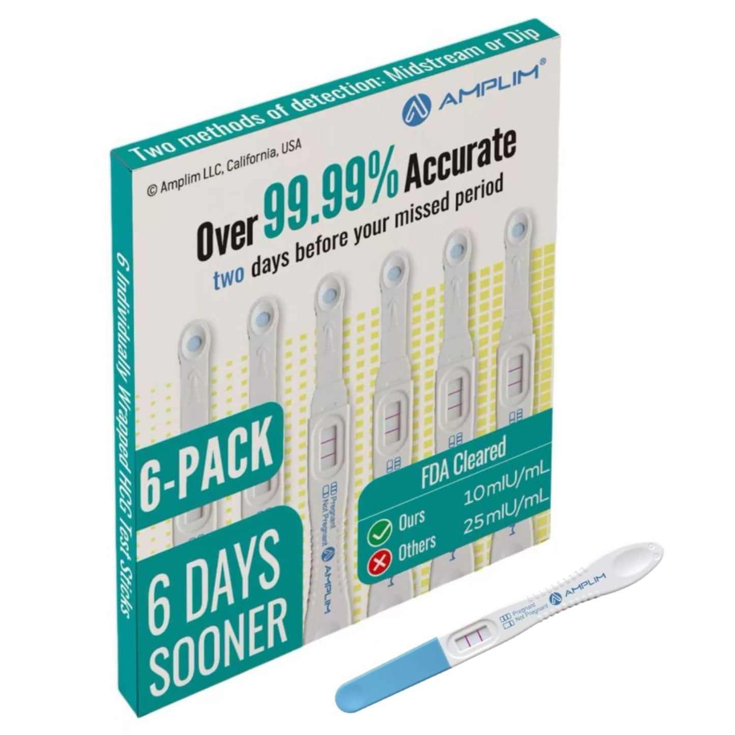 Amplim Early Detection Pregnancy Test, 6 Count – 99.99% Accurate, Ultra-Sensitive 10 mIU/mL HCG, Detects 6 Days Early, Midstream or Dip