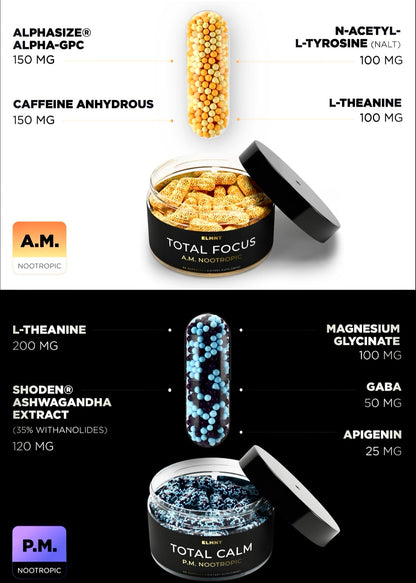 AMPM Nootropic Total Focus + Calm 9X Strength w. Caffeine, L-Theanine, Alpha GPC, L-Tyrosine, Ashwagandha - X-Release Energy Pills Nootropics Brain Support Supplements for Memory and Focus Supplement