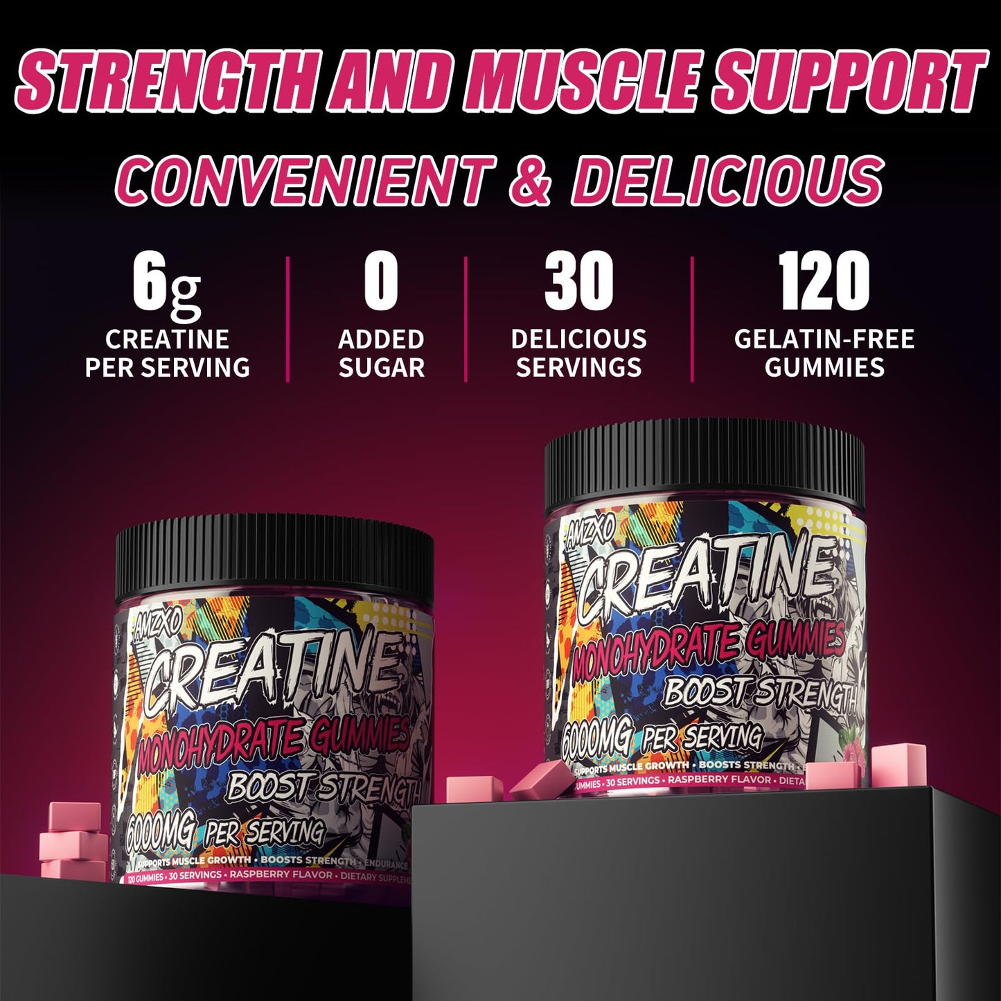 AMZXO Creatine Monohydrate Gummies 6g - Vegan Raspberry | 120 Count