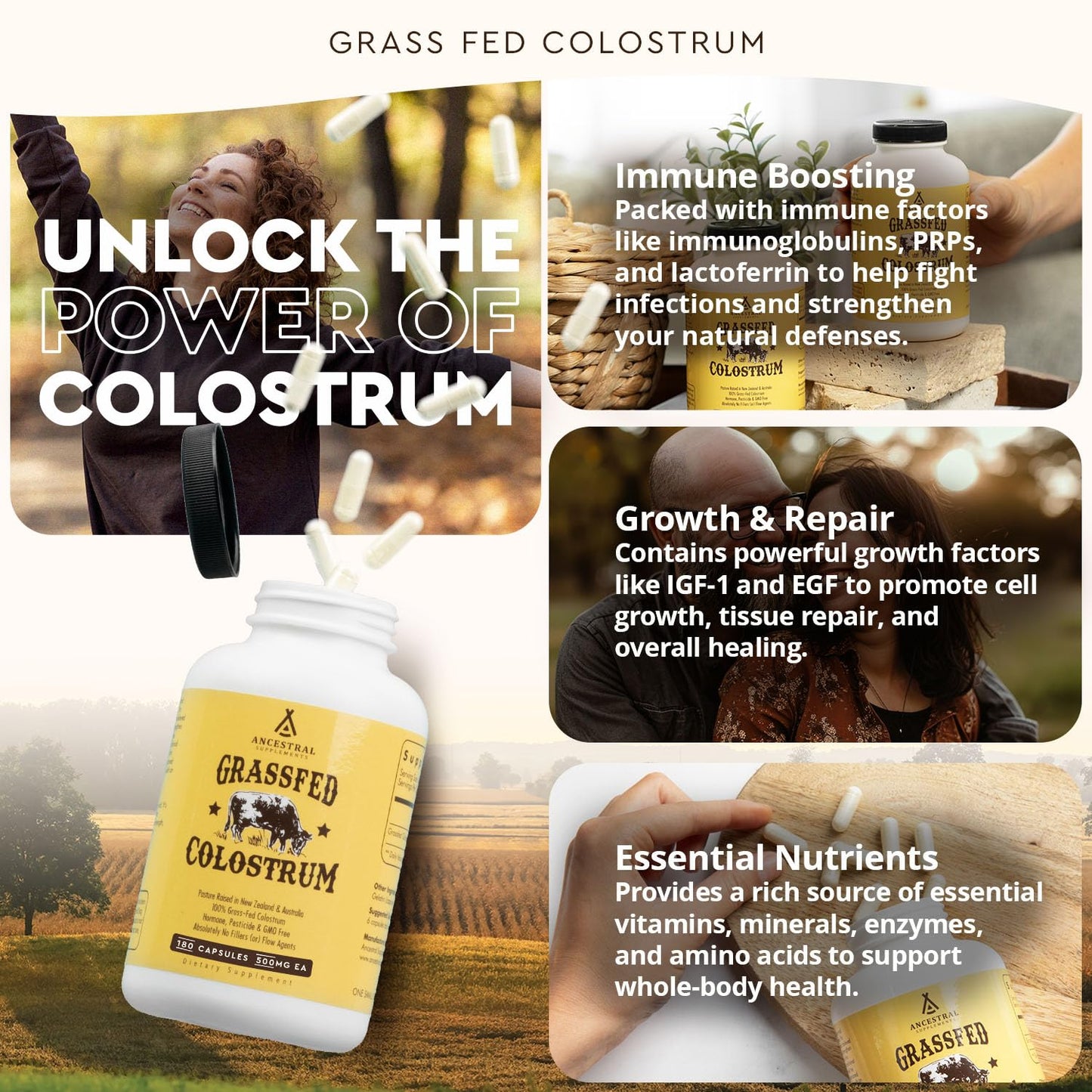 Ancestral Supplements Grass Fed Beef Colostrum Supplement – 3000 mg, 180 Capsules | Immune & Gut Health Support