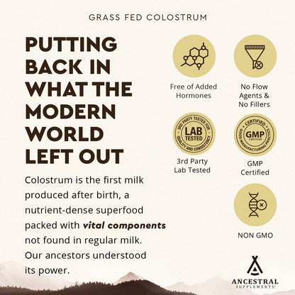 Ancestral Supplements Grass Fed Beef Colostrum Supplement – 3000 mg, 180 Capsules | Immune & Gut Health Support