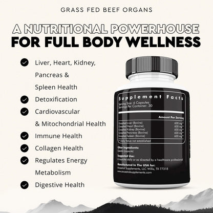 Ancestral Supplements Grass-Fed Beef Organs – Liver, Heart, Kidney, Pancreas, Spleen | 180 Capsules