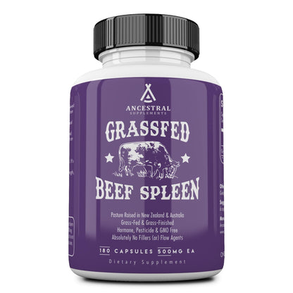 Ancestral Supplements Grass Fed Beef Spleen — 3000mg Spleen Support, Immune & Iron Health, 180 Capsules