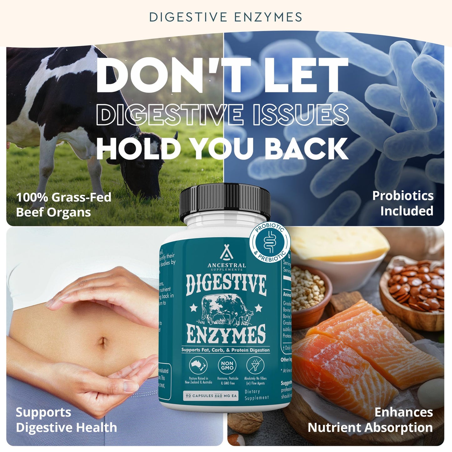 Ancestral Supplements Digestive Enzymes for Women & Men – Probiotics & Grass-Fed Organs, 90 Capsules