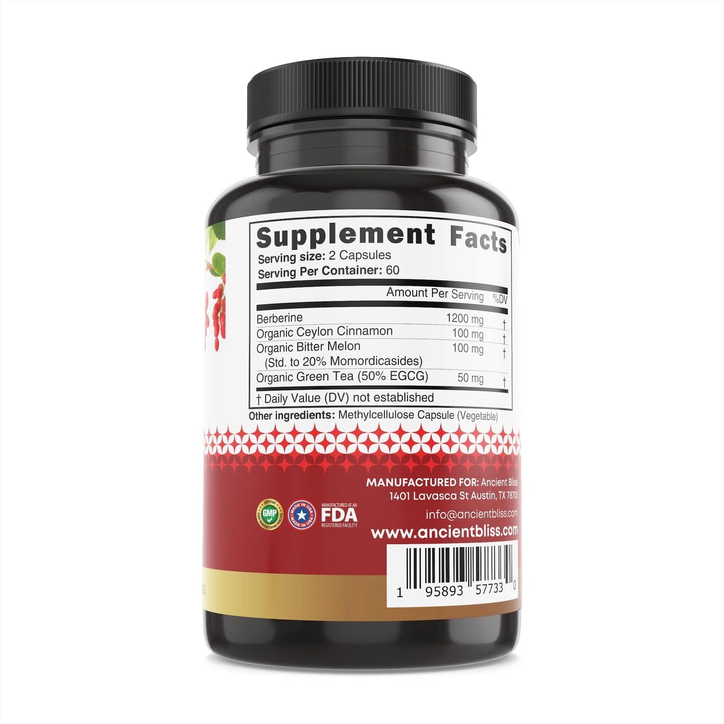 Ancient Bliss Berberine HCL 1200mg with Ceylon Cinnamon, Bitter Melon, and Green Tea Extract - 120 Capsules