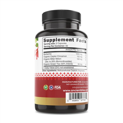Ancient Bliss Berberine HCL 1200mg with Ceylon Cinnamon, Bitter Melon, and Green Tea Extract - 120 Capsules