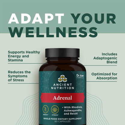 Ancient Nutrition Adrenal Support with Ashwagandha - 60 Capsules, 1300mg (Keto & Paleo Friendly)