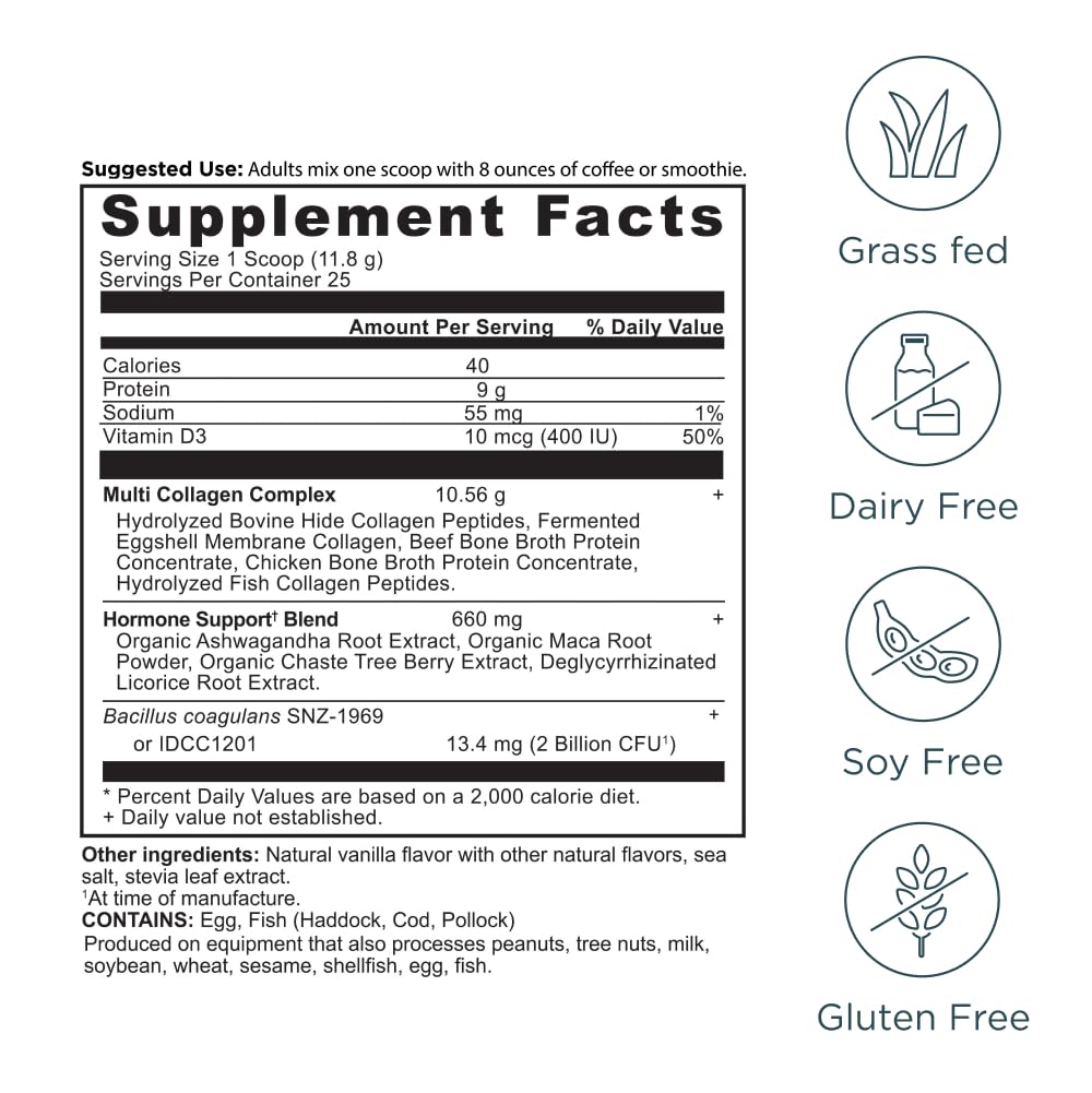 Ancient Nutrition Hormone Balance + Collagen Powder, Vanilla, 25 Servings | Hydrolyzed Collagen Peptides