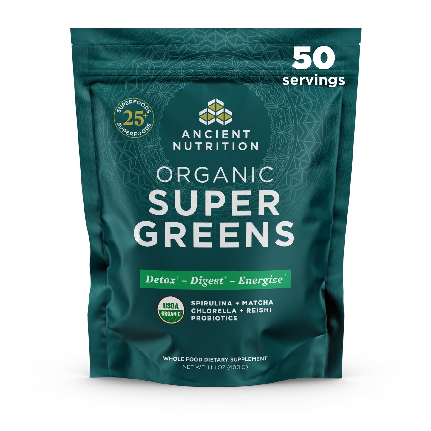Ancient Nutrition Super Greens Powder – Organic Probiotic Superfood with Spirulina, Chlorella & Matcha | 50 Servings