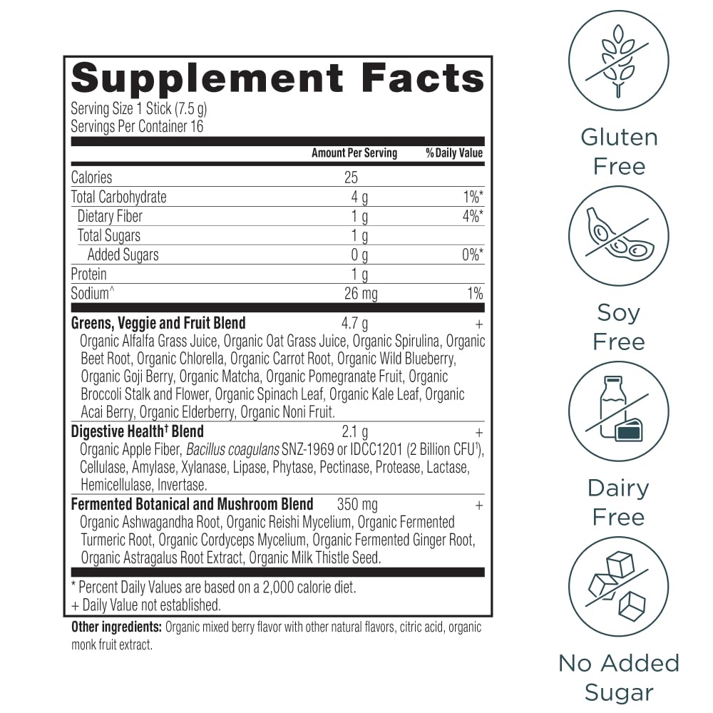 Ancient Nutrition SuperGreens Powder with Probiotics – Organic Berry Greens, 16 Stick Packs (4.2 oz)