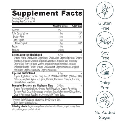 Ancient Nutrition SuperGreens Powder with Probiotics – Organic Mango Flavor, 16 Stick Packs (4.3oz)