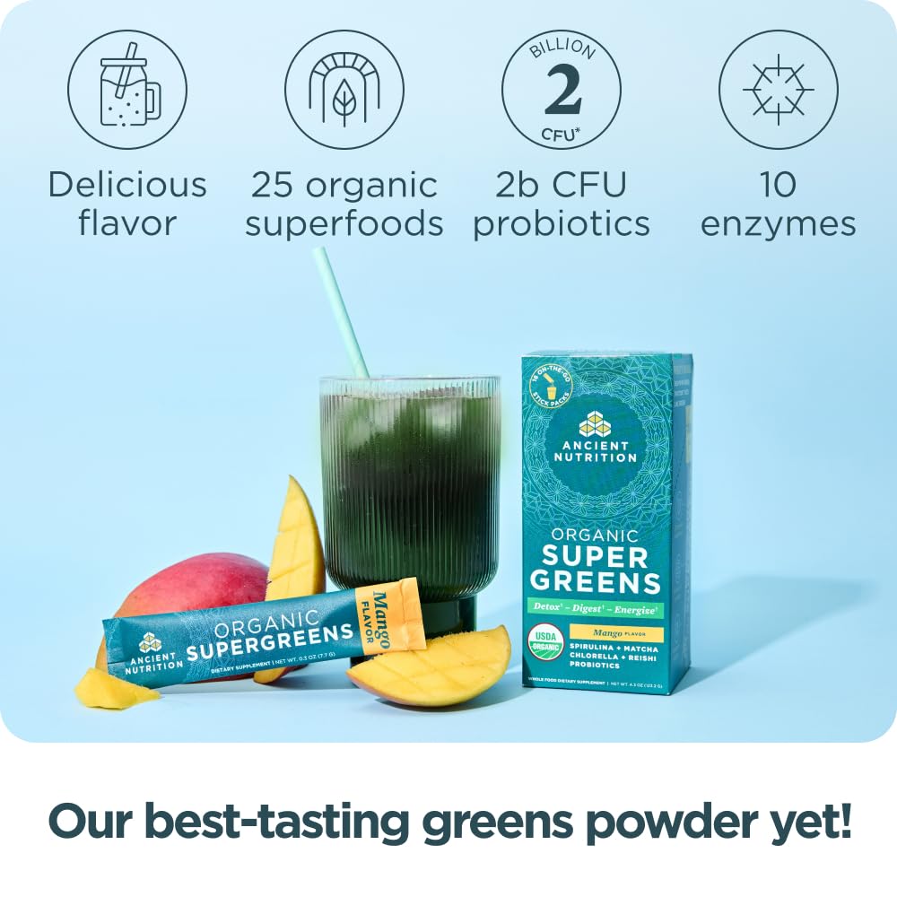 Ancient Nutrition SuperGreens Powder with Probiotics – Organic Mango Flavor, 16 Stick Packs (4.3oz)