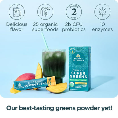 Ancient Nutrition SuperGreens Powder with Probiotics – Organic Mango Flavor, 16 Stick Packs (4.3oz)