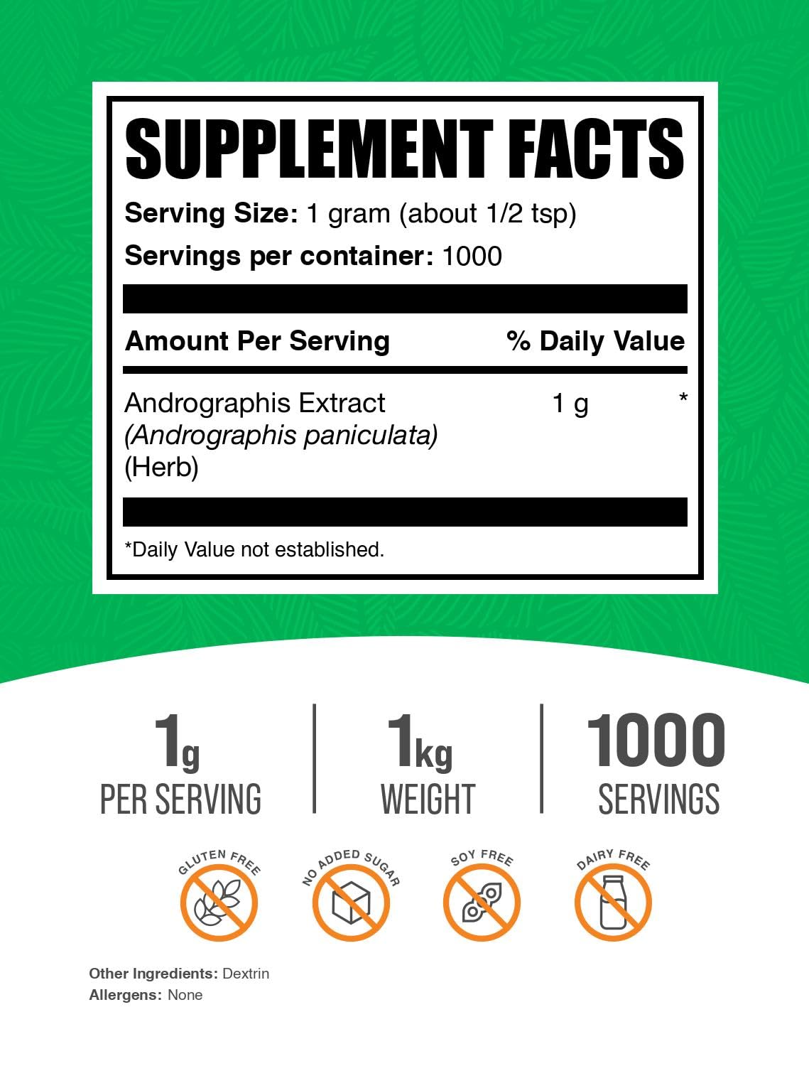 Andrographis Extract Powder - BulkSupplements, Andrographis Paniculata, 1g Serving, 1kg Pack