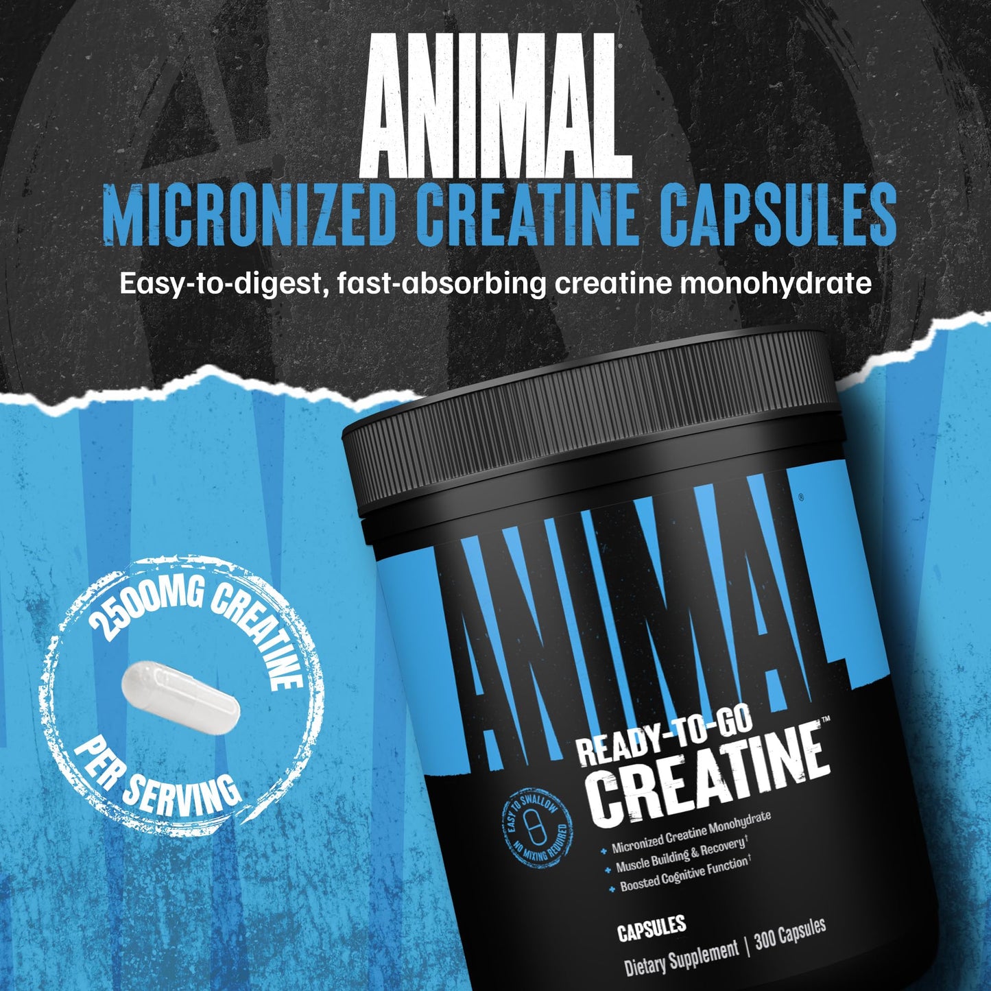 Animal Micronized Creatine Monohydrate Capsules – 300 Caps, 2.5g Per Serving