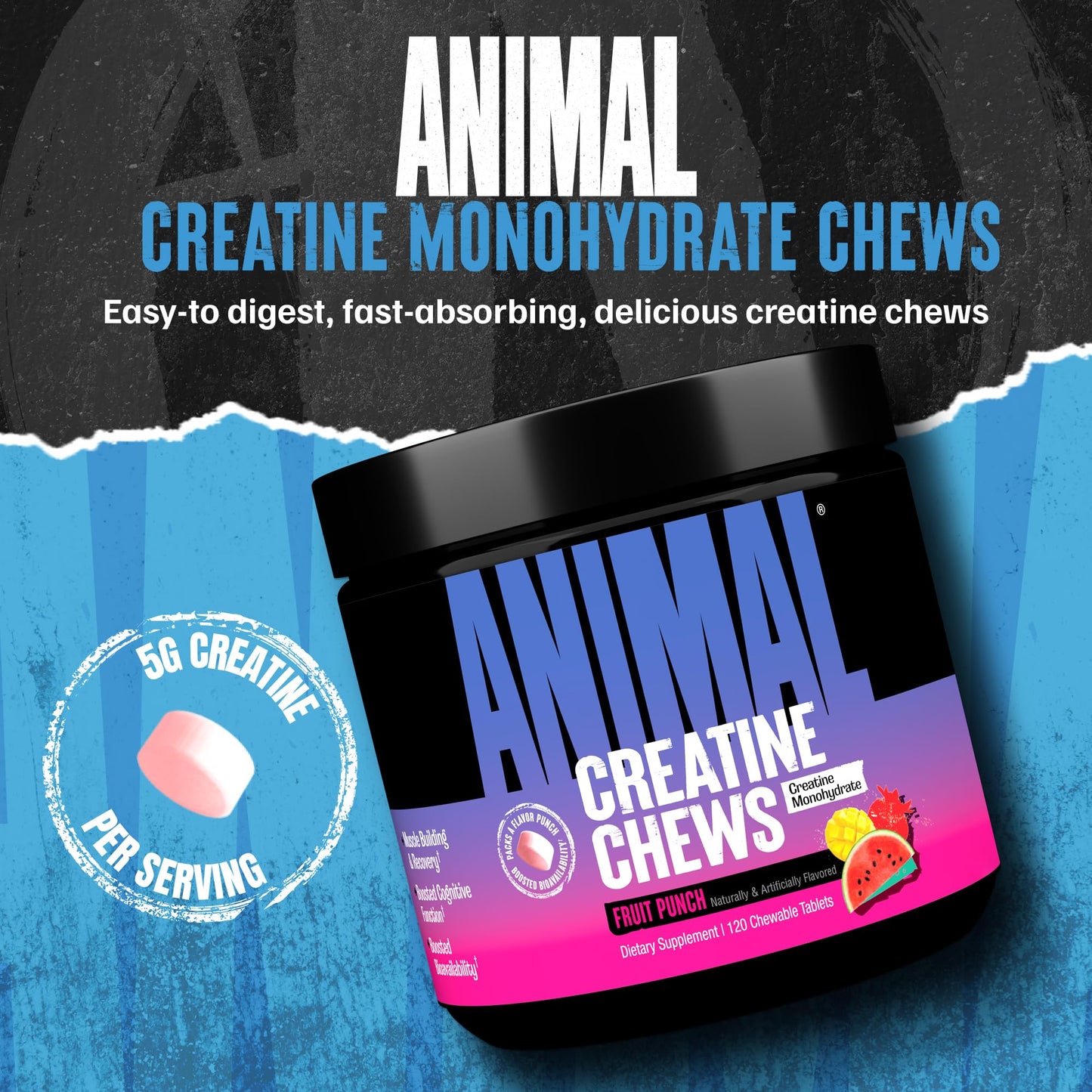 Animal Creatine Chews – 5g Creatine Monohydrate, AstraGin, Fruit Punch