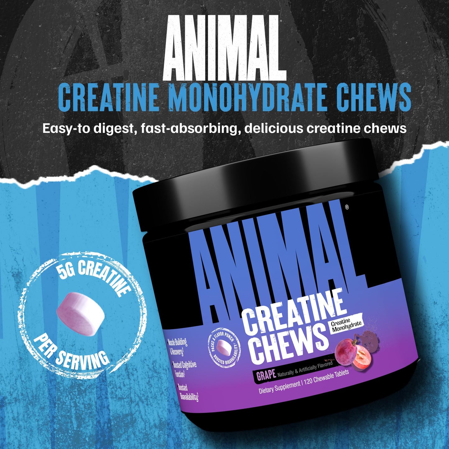 Animal Creatine Chews Tablets – Enhanced Creatine Monohydrate with AstraGin | Grape Flavor