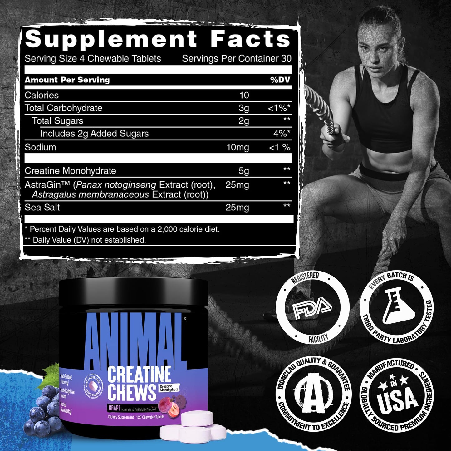 Animal Creatine Chews Tablets – Enhanced Creatine Monohydrate with AstraGin | Grape Flavor