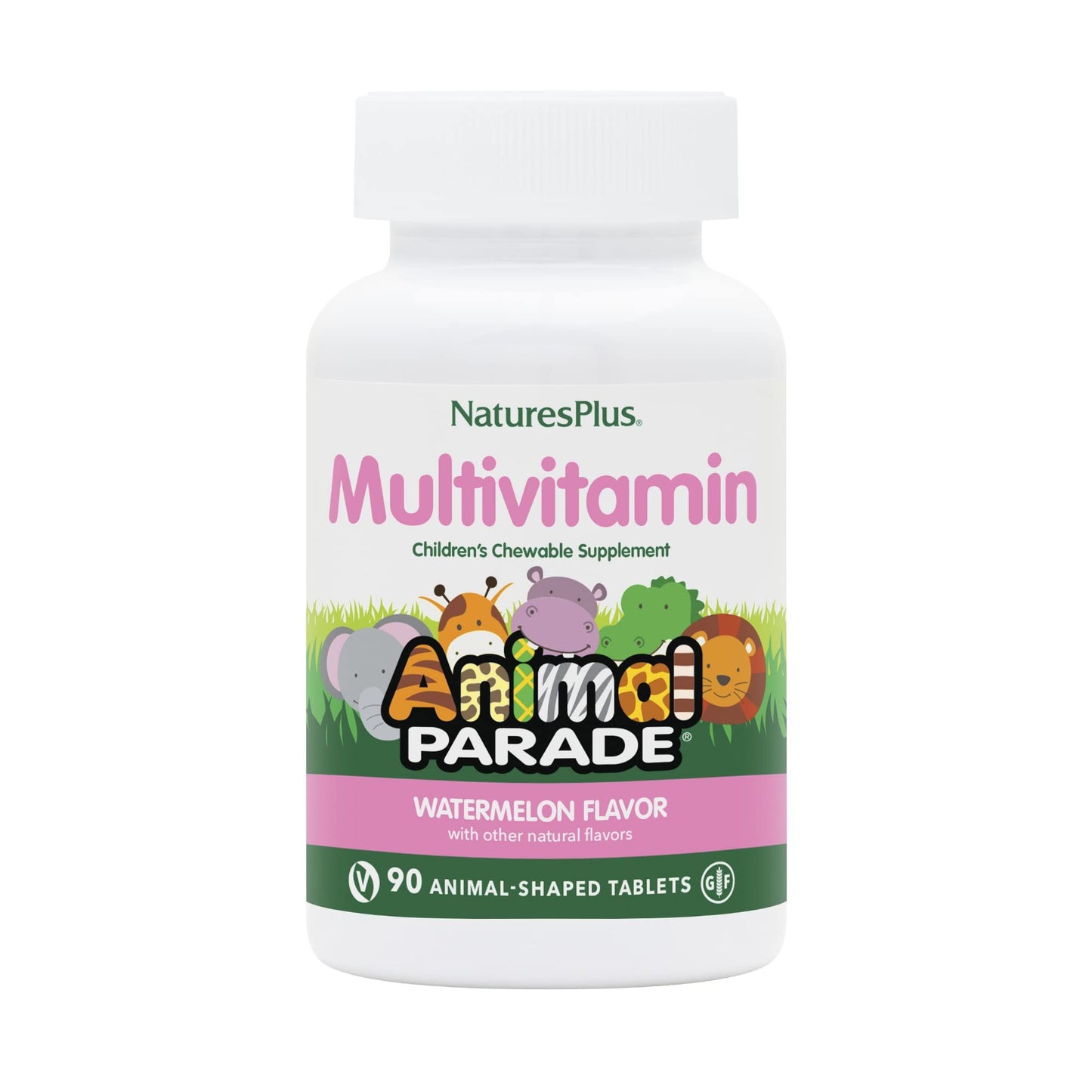 Natures Plus Animal Parade Kids Multivitamin – Watermelon Chewables, 90 Tablets, Vegetarian & Gluten Free, 45 Servings