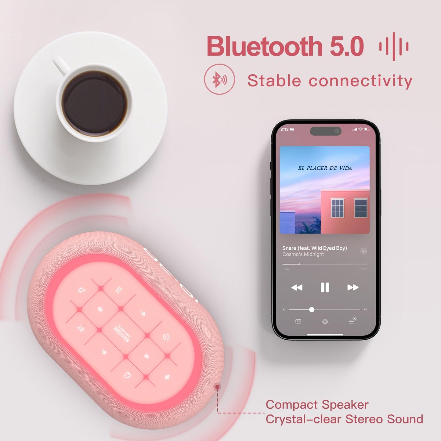 ANJANK White Noise Sound Machine Alarm Clock with Bluetooth Speaker – 21 Sounds, 7 Night Lights, Pink