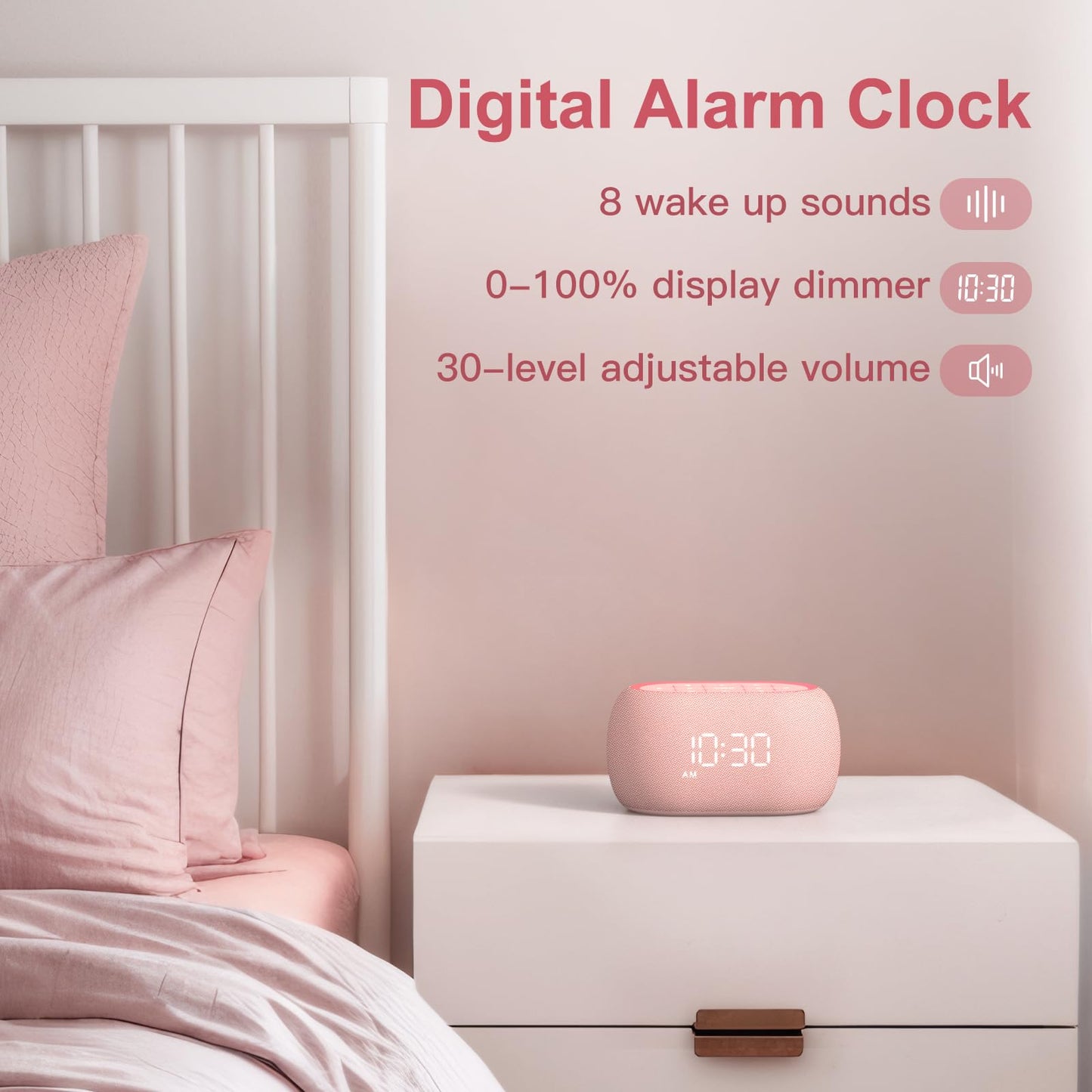 ANJANK White Noise Sound Machine Alarm Clock with Bluetooth Speaker – 21 Sounds, 7 Night Lights, Pink
