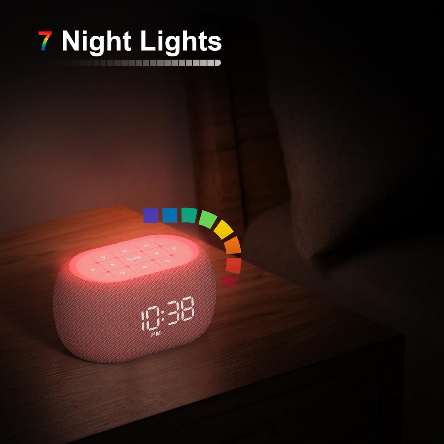 ANJANK White Noise Sound Machine Alarm Clock with Bluetooth Speaker – 21 Sounds, 7 Night Lights, Pink
