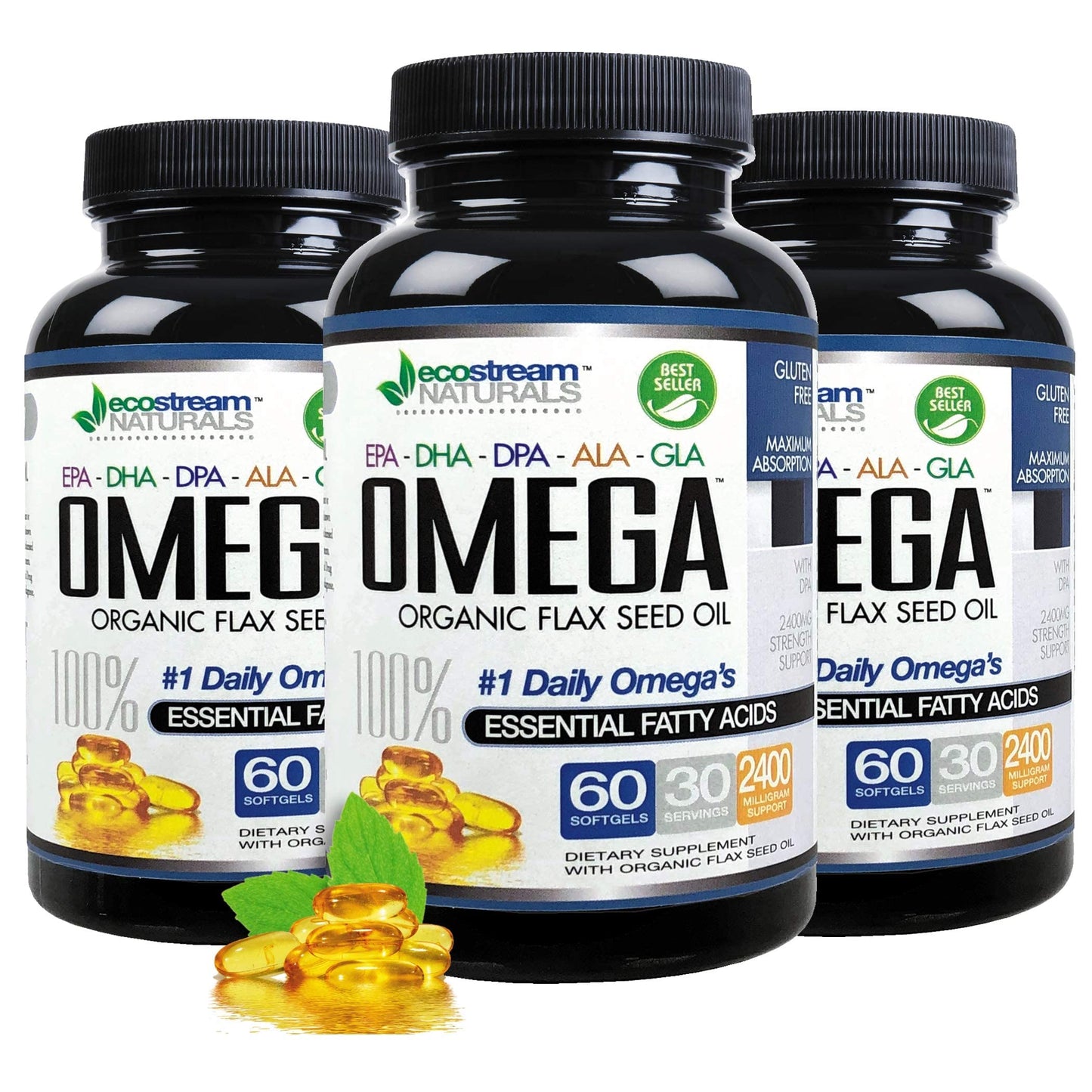 Omega 3-6-9 Blend with DPA, EPA, DHA, ALA & GLA + Organic Flax Seed Oil | Gluten Free 2x60 SoftGels