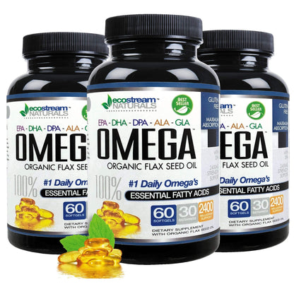 Omega 3-6-9 Blend with DPA, EPA, DHA, ALA & GLA + Organic Flax Seed Oil | Gluten Free 2x60 SoftGels
