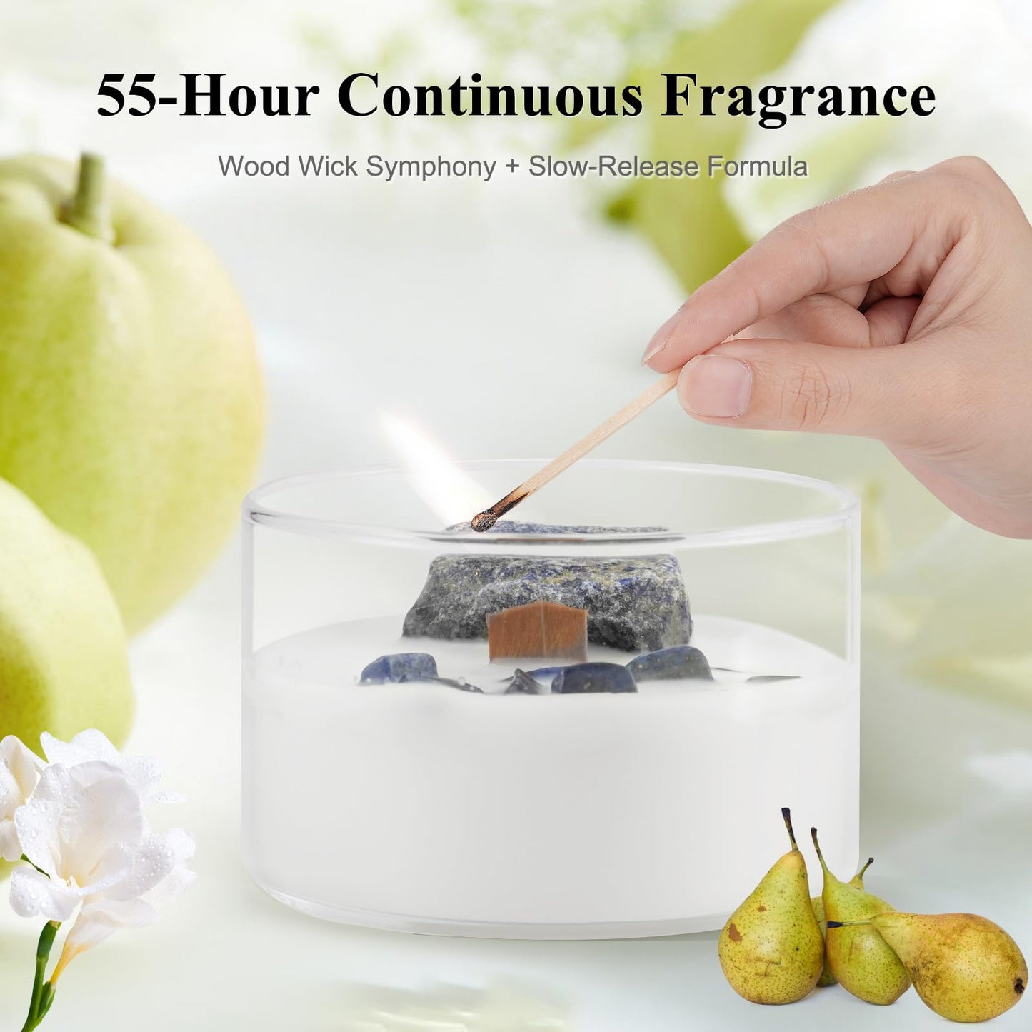 AntExpanse English Pear & Freesia Soy Candle – 55-Hour Wood Wick, Crystals, 7oz Gift