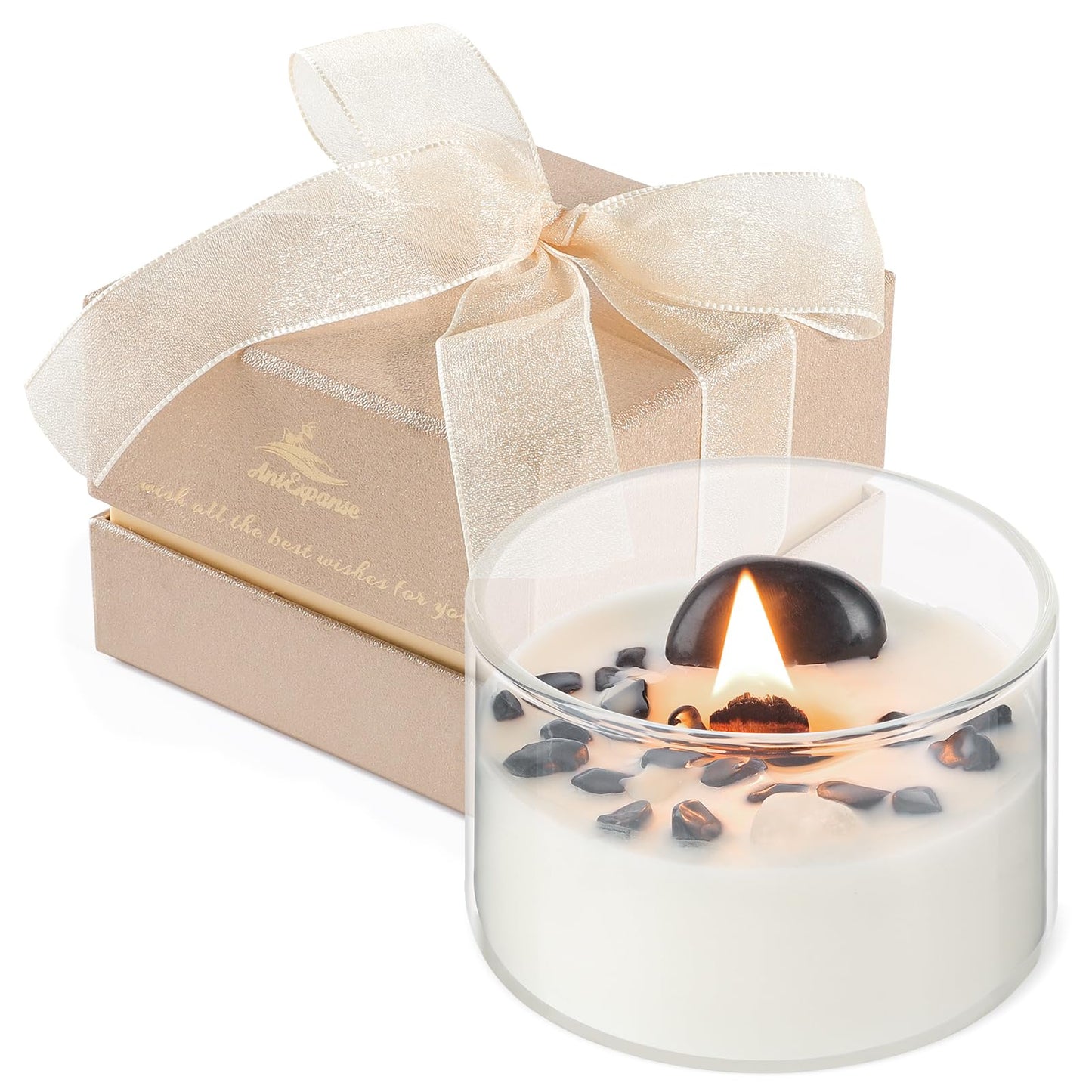 AntExpanse Coconut Soy Candle with Wood Wick & Crystals – 7oz, 55-Hour Burn