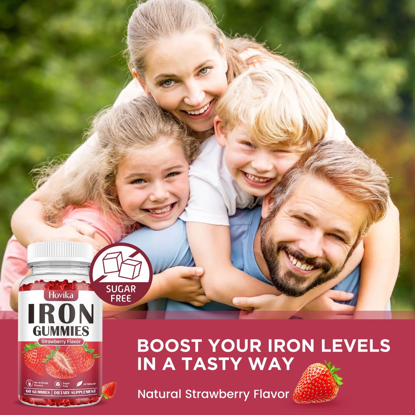 Iron Gummies for Women & Men – Sugar Free Strawberry, 60 Gummies | Iron Bisglycinate with Vitamin C, B12 & Folate