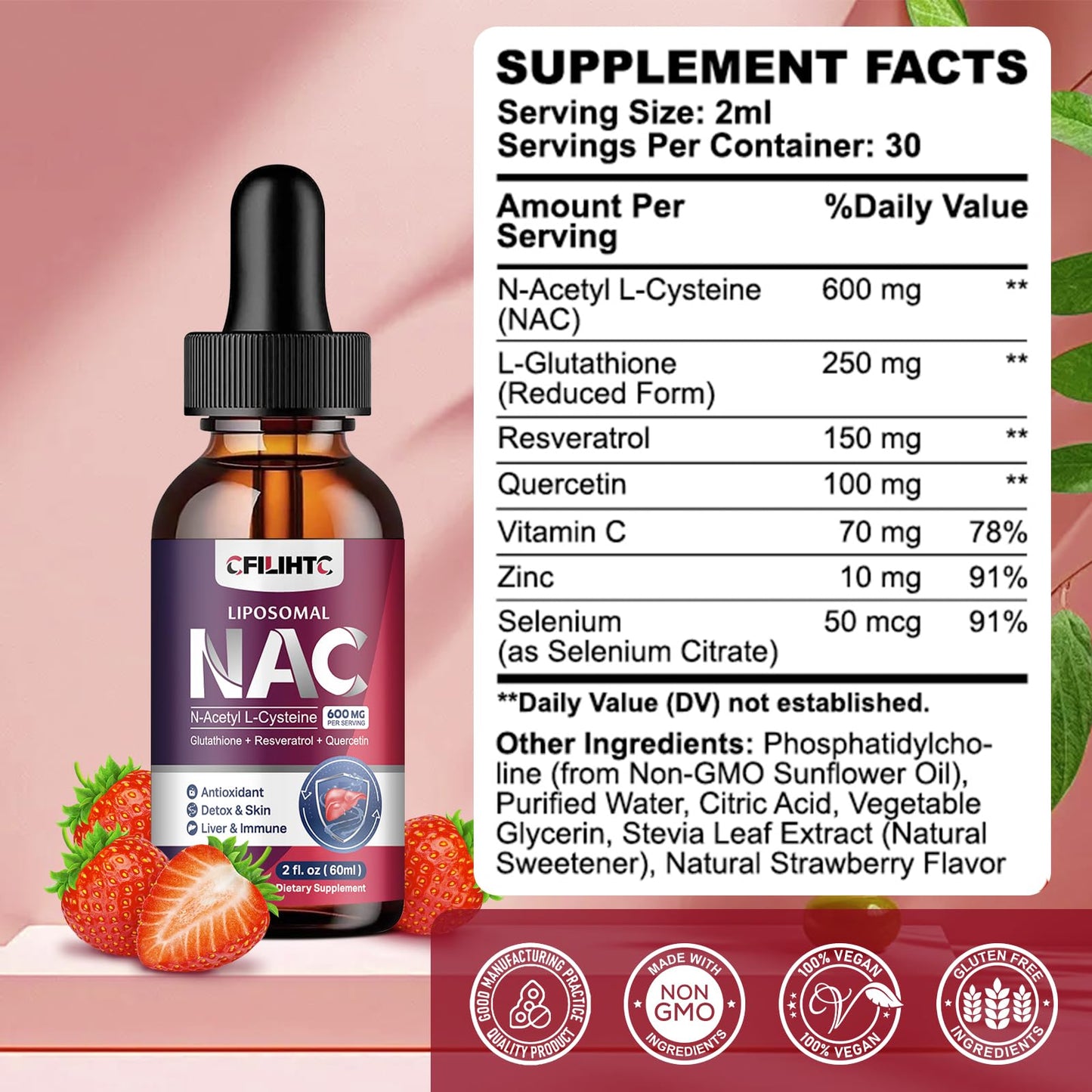 Liposomal NAC Liquid Drops – 600mg N-Acetyl Cysteine with Glutathione, Resveratrol & Zinc (Strawberry, 4 oz)