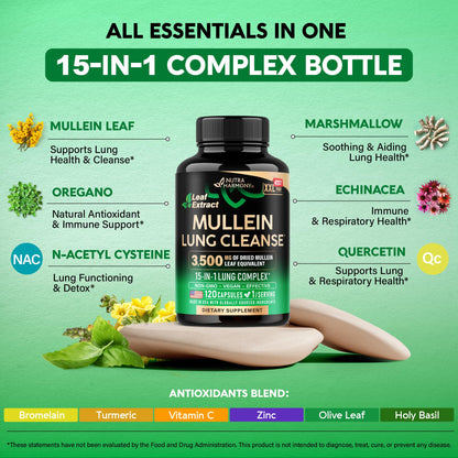 Mullein Leaf Extract for Lung Detox – 15-in-1 Lung Support (Made in USA)