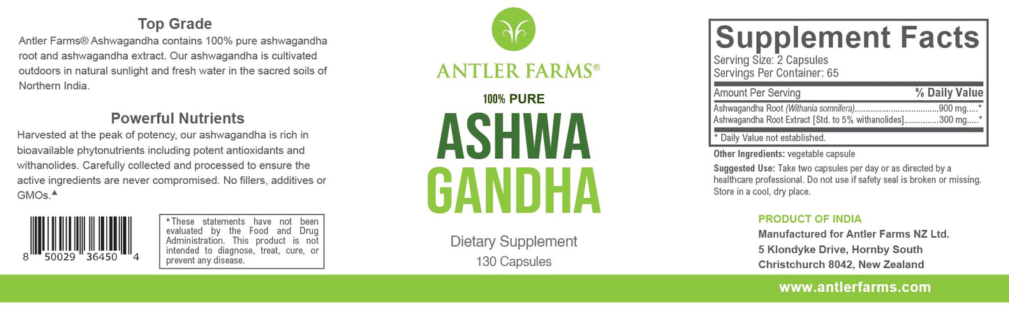 Antler Farms Ashwagandha 130 Capsules | 1200mg, 5% Withanolides