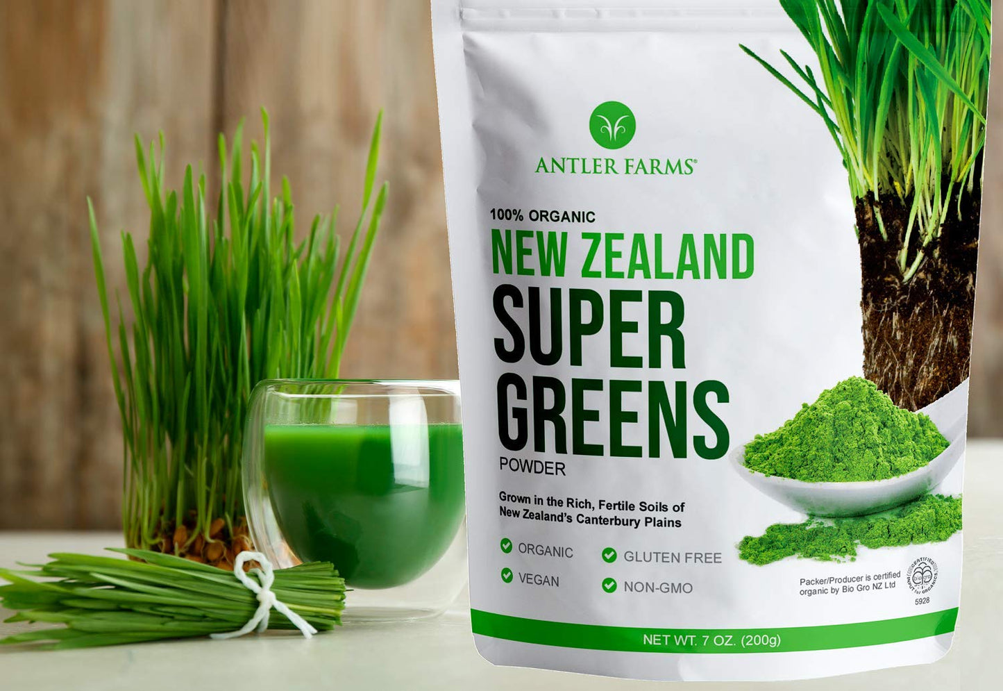 Antler Farms 100% Organic NZ Super Greens Powder – 200g, 40 Servings | Vegan, Gluten Free