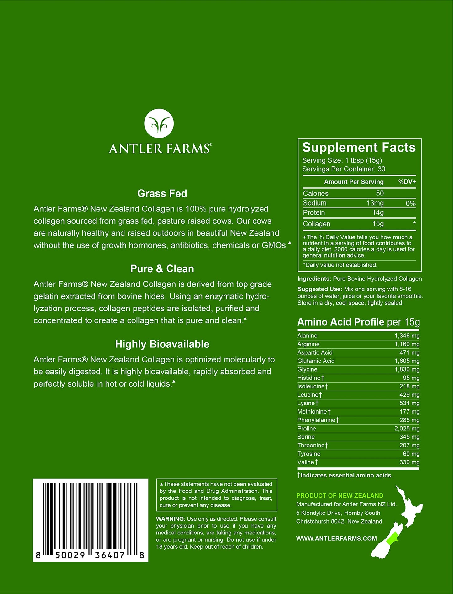 Antler Farms NZ Grass-Fed Collagen Powder – Unflavored, 1 lb, Hydrolyzed & Keto-Friendly