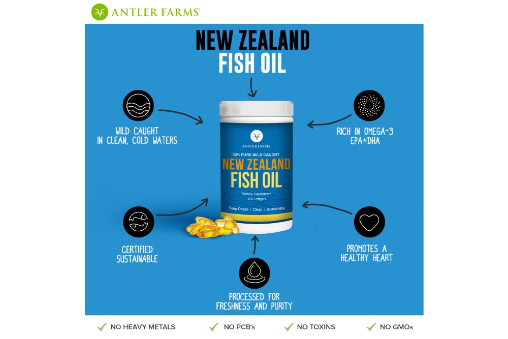 Antler Farms NZ Fish Oil - Pure Wild-Caught Omega-3 EPA+DHA, 120 Softgels