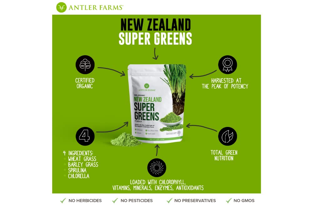 Antler Farms 100% Organic NZ Super Greens Powder – 200g, 40 Servings | Vegan, Gluten Free