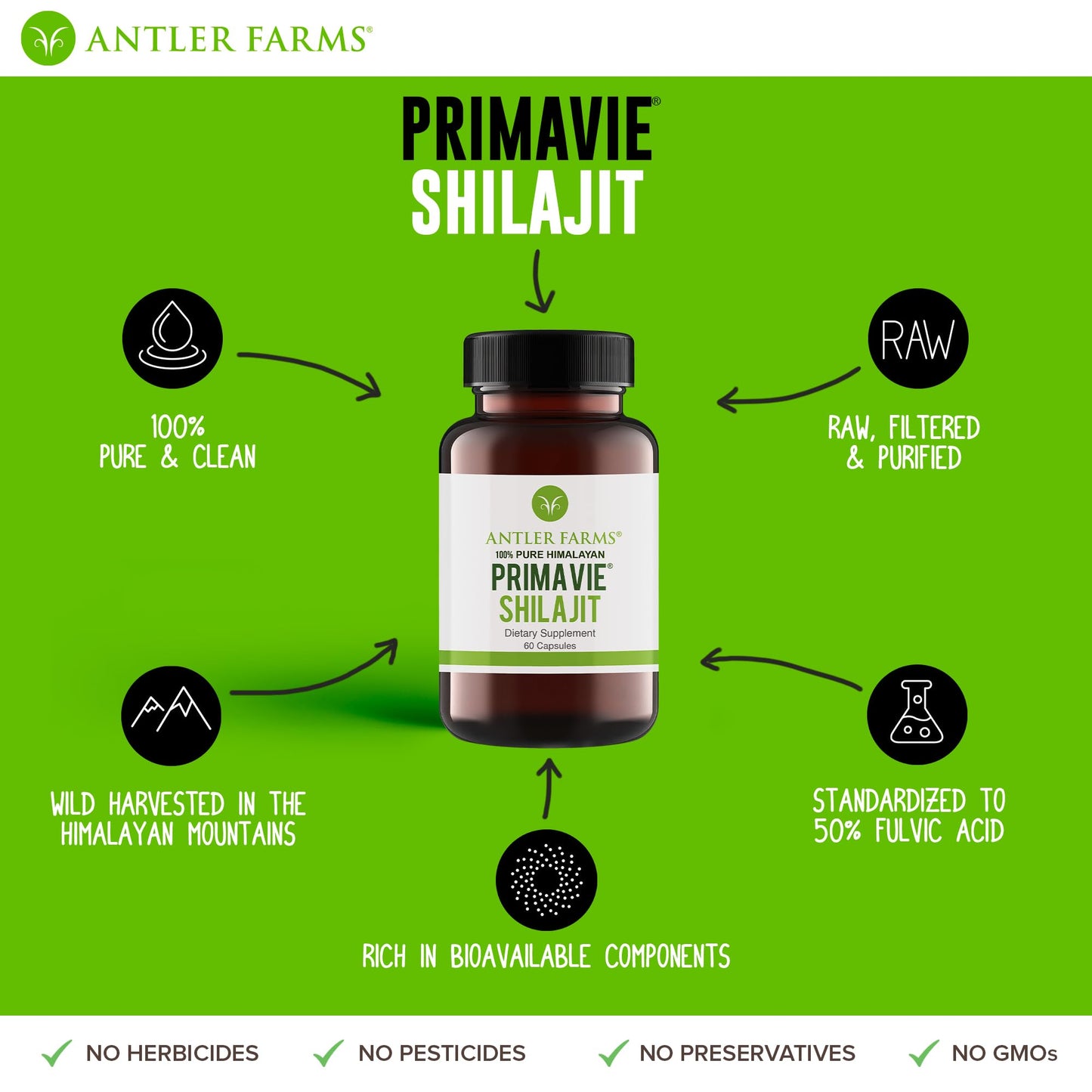 Antler Farms PrimaVie Shilajit for Men – 60 Capsules, 250 mg, 50% Fulvic Acid, Wild-Harvested Himalayan Resin (Pack of 2)