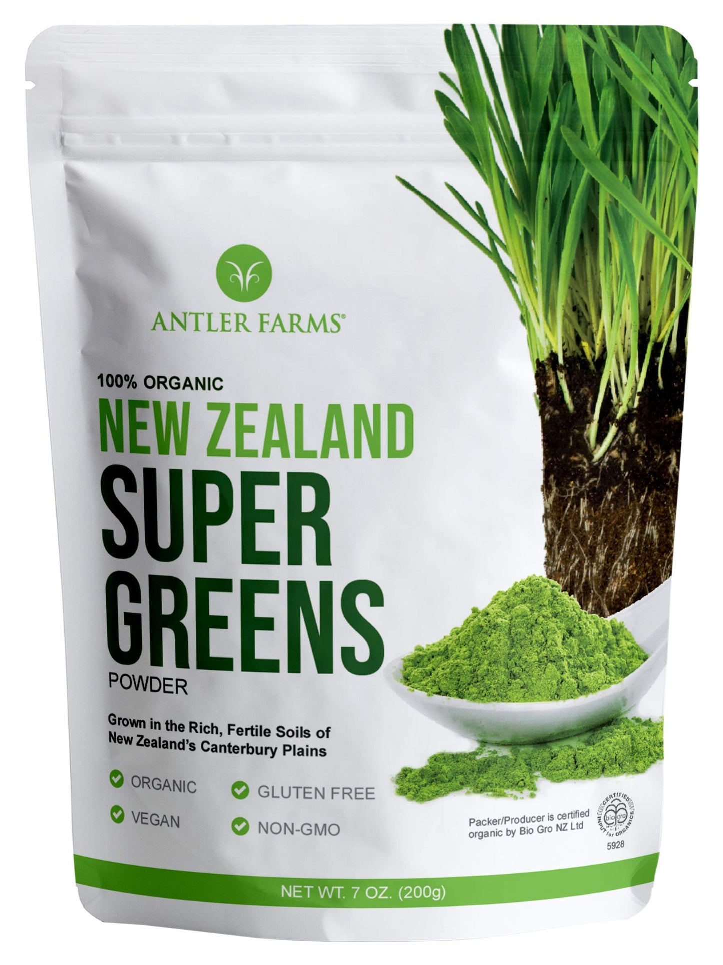 Antler Farms 100% Organic NZ Super Greens Powder – 200g, 40 Servings | Vegan, Gluten Free