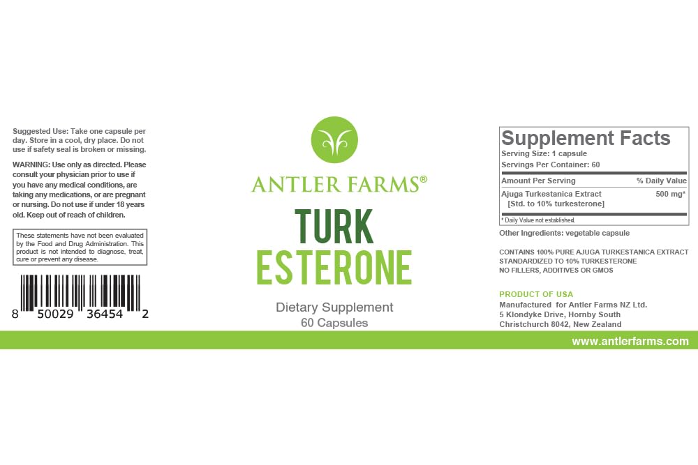 Antler Farms Turkesterone 60 Capsules 500mg Pack of 2 | Ajuga Turkestanica 10% Turkesterone