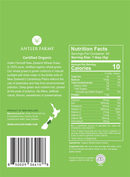 Antler Farms Wheatgrass Powder 200g – 100% Pure Organic NZ, 40 Servings