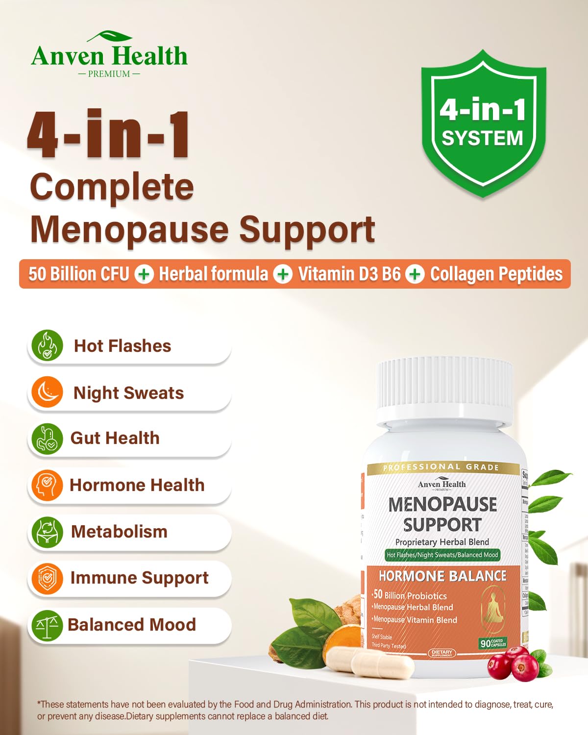 Anven Health Menopause Supplements – Probiotics, D3 & B6 | 270 Veggie Caps