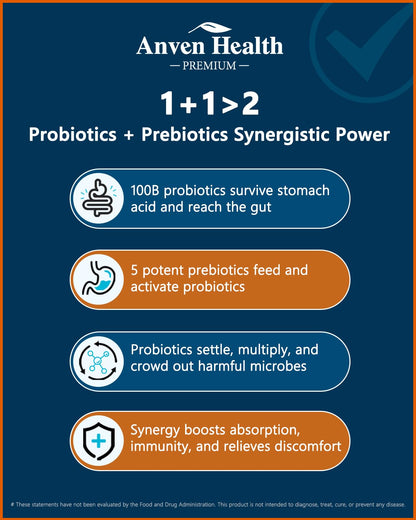 Anven Health 100 Billion Probiotics for Gut, Digestive & Immune Health – 27 Strains + 5 Organic Prebiotics | Made in USA | 180 Caps