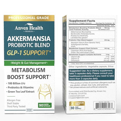 Anven Health GLP-1 Supplement — 100 Billion Akkermansia Probiotic & Prebiotic for Gut Health, Digestion & Metabolism